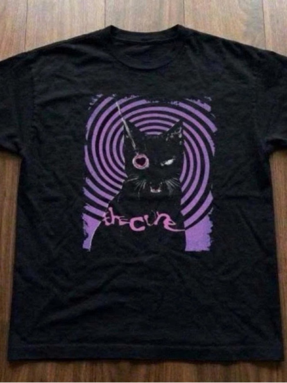 Black Short Sleeve Tee with Purple Cat Graphic